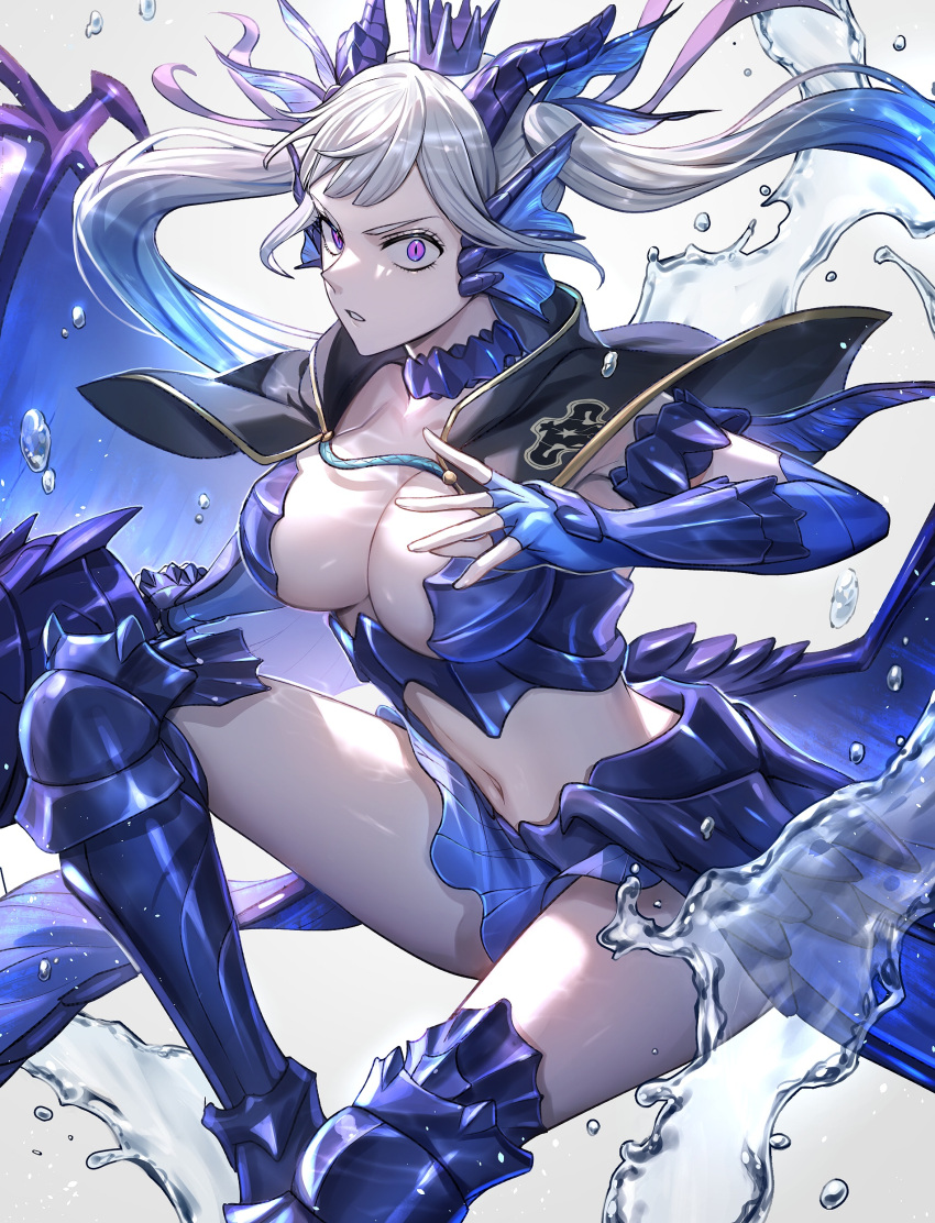 1girl absurdres armored_boots armored_skirt black_bulls_(emblem) black_capelet black_clover boots capelet choker cleavage_cutout clothing_cutout crown dragon_horns dragon_wings fins grey_hair head_fins highres holding holding_polearm holding_weapon horns long_hair looking_at_viewer low_twintails midriff noelle_silva parted_lips polearm purple_eyes slit_pupils solo thighs tsugutoku twintails valkyrie water water_drop weapon wings