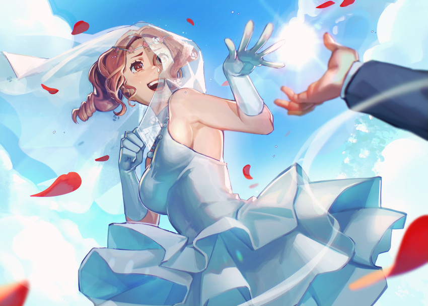 1boy 1girl absurdres bare_shoulders barley_juice blue_sky breasts brown_eyes brown_hair circlet cloud dress english_commentary gloves happy_tears highres okumura_haru open_mouth persona persona_5 red_petals short_hair sideboob sky sleeveless sleeveless_dress sun tears teeth upper_teeth_only wedding_dress white_gloves