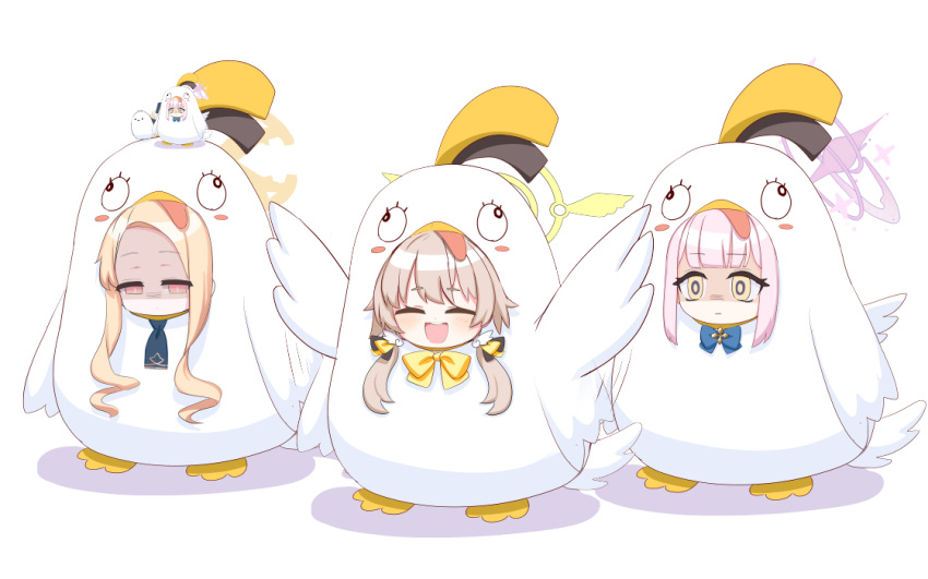 4girls ^_^ angel_wings animal_on_head bird bird_costume blonde_hair blue_archive blunt_bangs bow brown_hair closed_eyes commentary_request dual_persona empty_eyes feathered_wings forehead full_body hair_between_eyes hair_bow hair_ribbon hifumi_(blue_archive) long_hair looking_at_viewer low_twintails mika_(blue_archive) mini_person minigirl multiple_girls o_(rakkasei) on_head orange_eyes parted_bangs peroro_(blue_archive) pink_hair ribbon seia_(blue_archive) shaded_face sidelocks simple_background size_difference standing twintails white_background white_wings wing_hair_ornament wings yellow_eyes