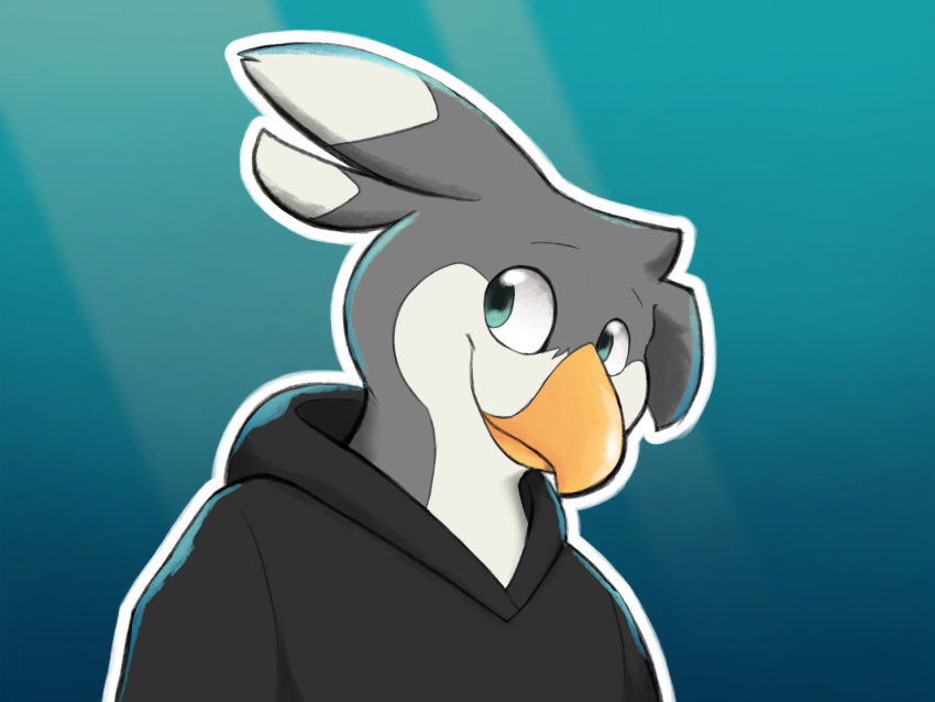 anthro avian beak bird dyna_(dynablade_savior) dynablade_savior feathers grey_body grey_feathers hi_res looking_at_viewer male simple_background smile smiling_at_viewer solo tagme white_body white_feathers