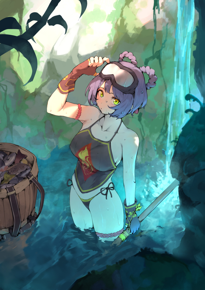 1girl bare_shoulders barrel bikini bikini_bottom_only black_bikini blush chinese_clothes dudou eyewear_on_head fingerless_gloves fish flower genshin_impact gloves goggles goggles_on_head highres holding holding_weapon looking_at_viewer outdoors purple_hair river rou_(rou22) side-tie_bikini_bottom solo standing swimsuit wading water weapon wet xiangling_(genshin_impact) yellow_eyes