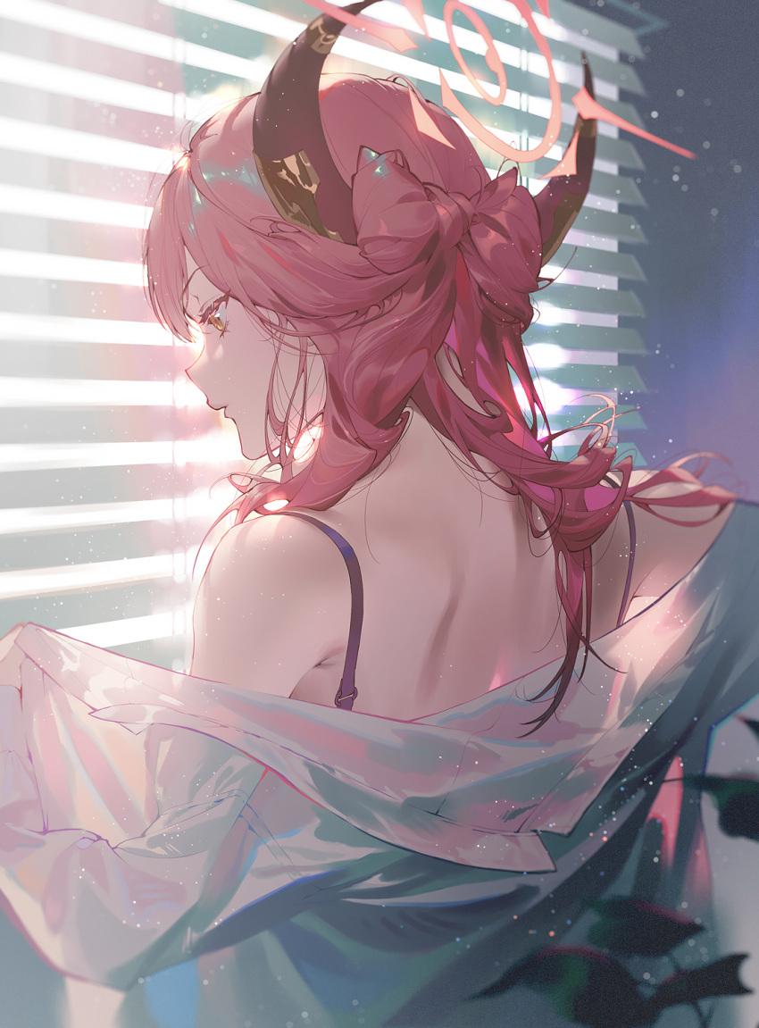 1girl aru_(blue_archive) bare_shoulders blue_archive bow fajyobore hair_bow halo highres horns leaf long_hair long_sleeves looking_down pink_hair solo strap sunlight window yellow_eyes