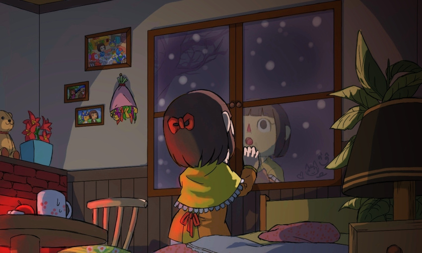 animal_crossing ankha_(animal_crossing) bed benedict_(animal_crossing) bouquet brown_hair capelet flower frilled_capelet frills frosted_glass hand_on_window indoors jay_(animal_crossing) nomura_(arumon) open_mouth photo_(object) plant potted_plant red_flower reflection short_hair snowing stuffed_animal stuffed_toy table teddy_bear villager_(animal_crossing) window wooden_chair wooden_table yellow_capelet
