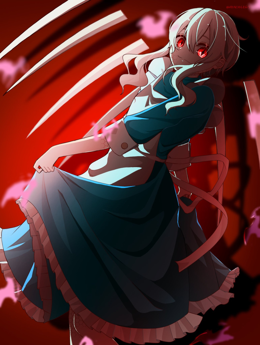 1girl apron ayaca4869 blue_dress closed_mouth dress frilled_dress frills highres kagerou_project kozakura_marry long_sleeves looking_at_viewer red_eyes scales shadow short_hair_with_long_locks skirt_hold slit_pupils smile solo white_apron white_hair wings