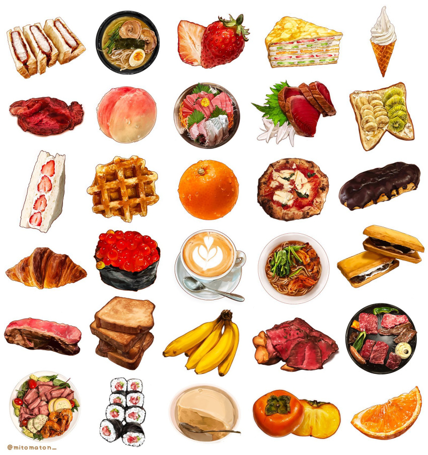 banana cake crepe croissant doughnut food fruit highres ice_cream latte_art makizushi mitomaton no_humans noodles orange_(fruit) orange_slice original peach persimmon pizza pudding ramen sandwich shrimp steak strawberry sushi toast udon waffle white_background