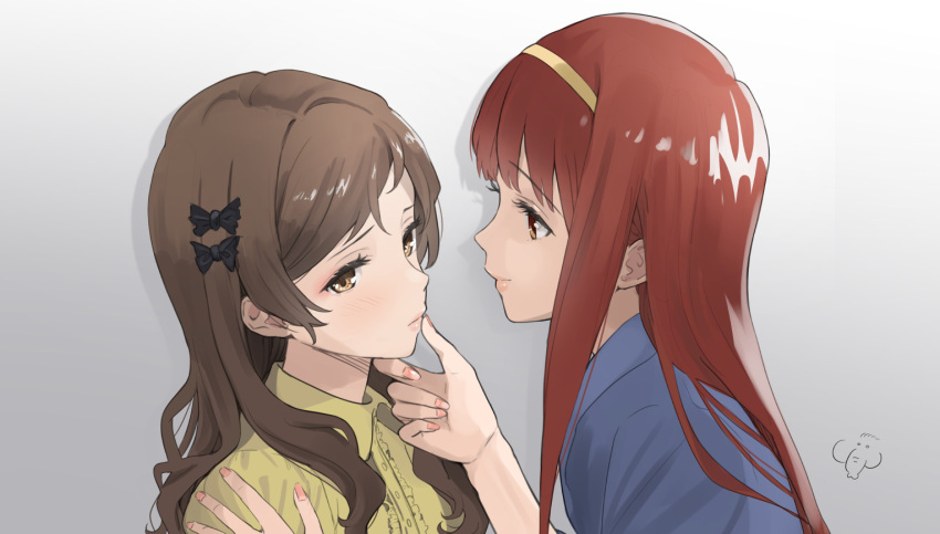 2girls averting_eyes bow brown_hair center_frills frills hair_bow hand_on_another's_chin hand_on_another's_shoulder idolmaster idolmaster_million_live! kitazawa_shiho light_smile looking_at_another multiple_girls parted_lips red_eyes tanaka_kotoha upper_body yoropa yuri