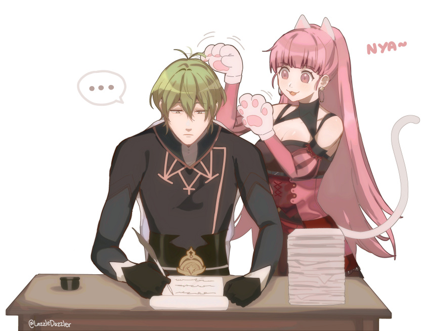 1boy 1girl :3 :d adapted_costume animal_ears animal_hands antenna_hair bare_shoulders black_gloves black_shirt breasts byleth_(fire_emblem) byleth_(male)_(fire_emblem) cat_ears cat_tail cleavage commentary commission detached_sleeves fake_animal_ears feathers fire_emblem fire_emblem:_three_houses gloves green_hair highres hilda_valentine_goneril holding holding_feather juliet_sleeves long_hair long_sleeves medium_breasts open_mouth paper paper_stack paw_gloves pink_eyes pink_hair pomme_(lazzledazzle) ponytail puffy_sleeves second-party_source shirt short_hair simple_background smile tail very_long_hair white_background