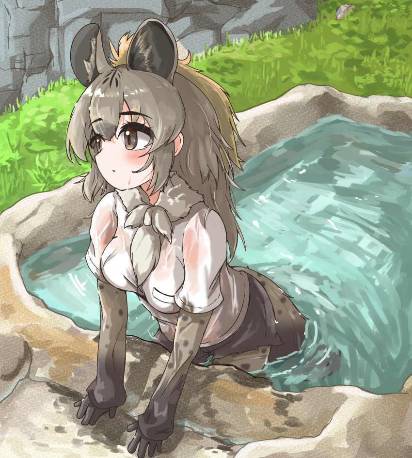 1girl absurdres animal_ears animal_print arm_support black_hair blush bodystocking breasts brown_eyes brown_hair closed_mouth colored_inner_hair day extra_ears fur_scarf gloves grey_hair highres hyena_ears hyena_girl hyena_tail kemono_friends layered_sleeves leaning_forward light_brown_hair long_hair long_sleeves looking_to_the_side medium_breasts multicolored_hair outdoors outstretched_arms parted_bangs partially_submerged print_sleeves see-through shirt short_over_long_sleeves short_sleeves shorts solo spotted_hyena_(kemono_friends) tail toro_orororo water wet wet_clothes wet_face wet_hair wet_shirt white_shirt