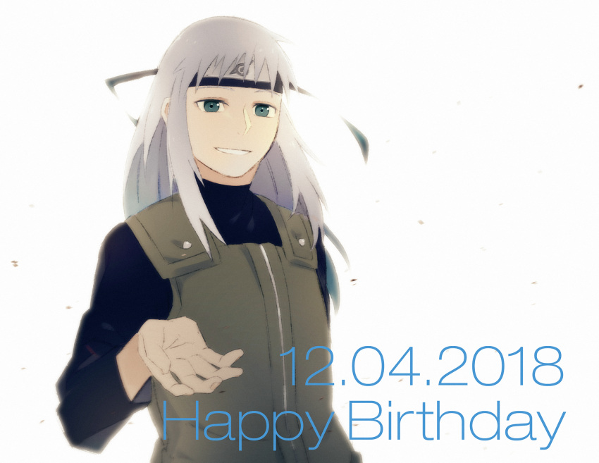 1boy english_text farel76 forehead_protector grey_hair happy_birthday headband highres katou_dan konohagakure_symbol long_hair male_focus naruto naruto_(series) ninja simple_background smile solo