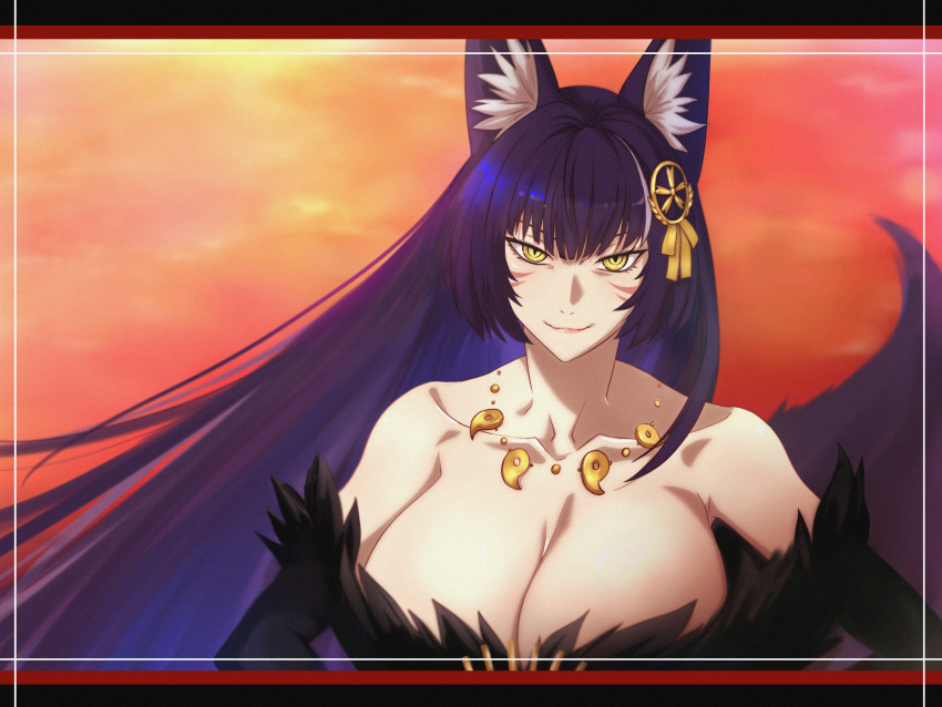 1girl absurdres akizuki_(17769498) azur_lane bare_shoulders black_kimono breasts cleavage commentary_request facial_mark fox_tail fur-trimmed_kimono fur_trim hair_ornament highres huge_breasts japanese_clothes jewelry kimono kitsune kyuubi large_tail long_hair looking_at_viewer magatama magatama_necklace multiple_tails musashi_(azur_lane) necklace purple_hair slit_pupils solo tail upper_body very_long_hair whisker_markings yellow_eyes