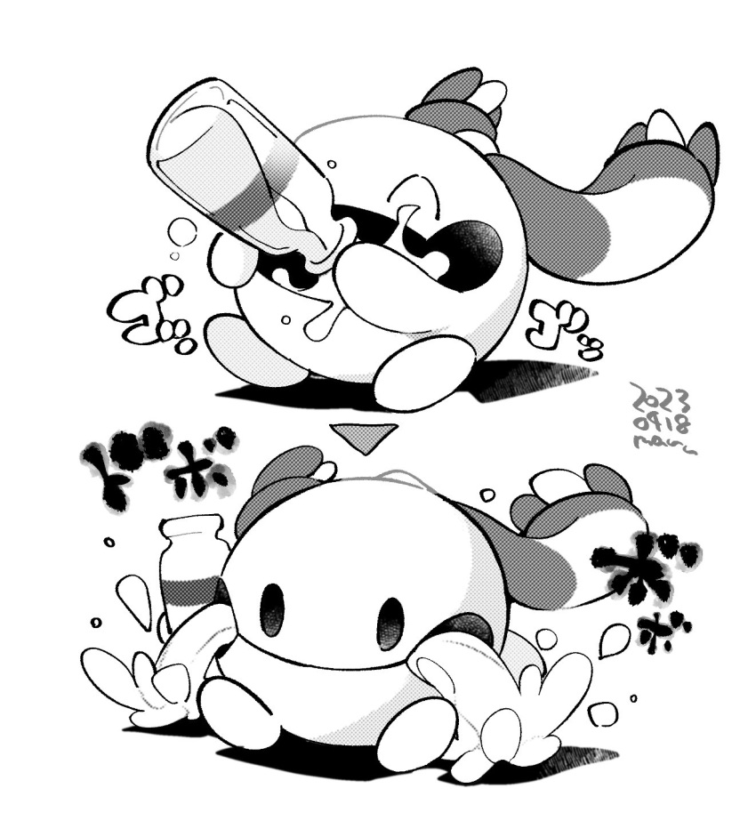 bottle chingling container drinking_milk generation_4_pokemon hi_res hole_(anatomy) maru_show milk_bottle monochrome nintendo pokemon pokemon_(species) solo waddling_head