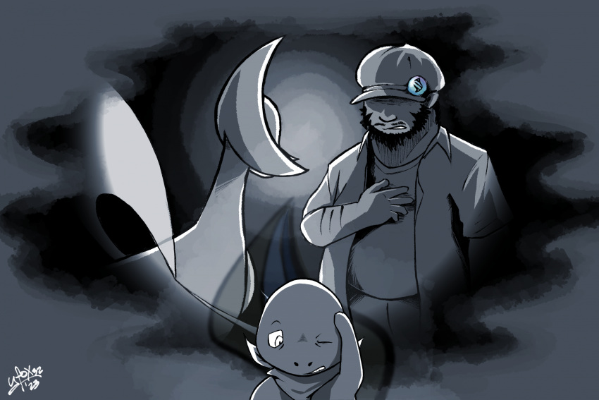ambiguous_gender before_and_after charmander clothed clothing cresselia duo facial_hair feral foggy foggy_background generation_1_pokemon generation_4_pokemon hand_on_chest hand_on_head hat headgear headwear hi_res human legendary_pokemon male mammal mega_stone memory monochrome nintendo one_eye_closed pokemon pokemon_(species) pokemon_mystery_dungeon scratches solo wounded yell0w_f0x