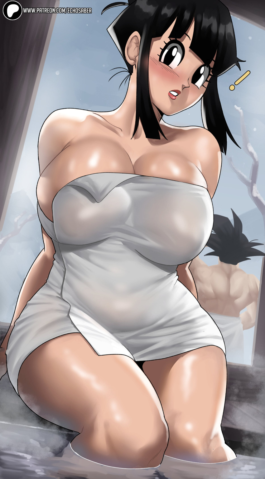 ! 1boy 1girl absurdres bare_shoulders black_eyes black_hair blush breasts chi-chi_(dragon_ball) cleavage commentary dragon_ball dragon_ball_z echo_saber highres husband_and_wife large_breasts medium_hair naked_towel onsen parted_lips red_lips sidelocks sitting soaking_feet son_goku steam thighs towel water