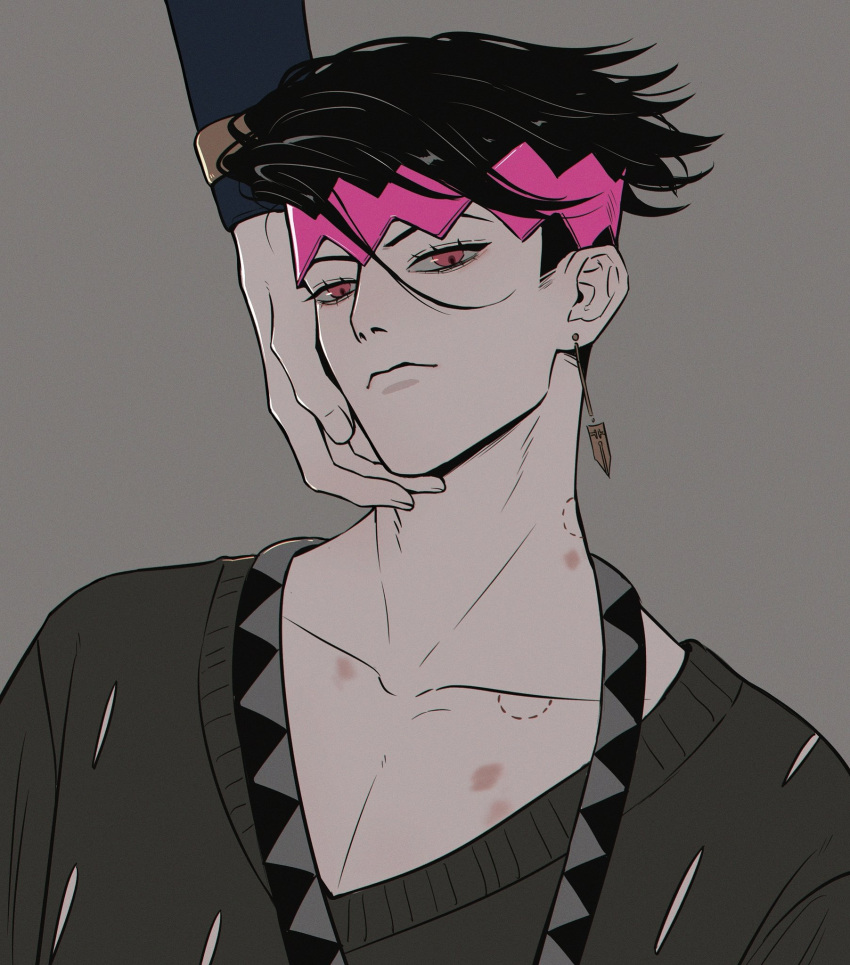 2boys bite_mark closed_mouth collarbone diamond_wa_kudakenai earrings grey_background hand_on_another's_face headband hickey higashikata_josuke highres jewelry jojo_no_kimyou_na_bouken kishibe_rohan long_sleeves looking_at_viewer male_focus multiple_boys pink_eyes pink_headband polina29297783 triangle_print yaoi