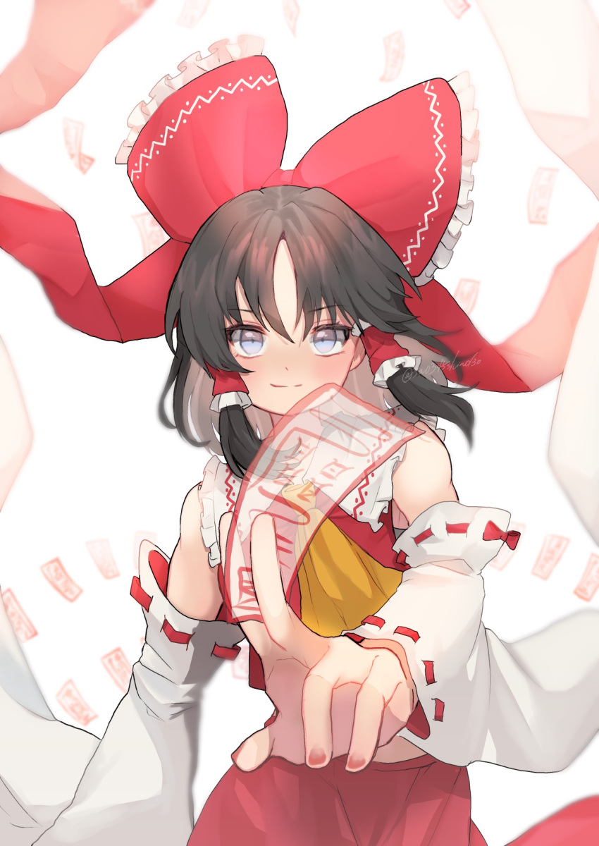 1girl ascot bare_shoulders black_hair blue_eyes bow crop_top detached_sleeves frilled_bow frills hair_bow hair_tubes hakurei_reimu highres looking_at_viewer medium_hair nail_polish ofuda red_bow ribbon-trimmed_sleeves ribbon_trim shirt skirt skirt_set sleeveless sleeveless_shirt smile solo solo_focus touhou uchisaki_himari upper_body white_sleeves wide_sleeves yellow_ascot