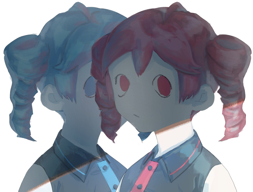 2girls ahoge alternate_color behind_another black_shirt blank_stare blue_eyes blue_hair collared_shirt commentary covered_face drill_hair empty_eyes expressionless highres kasane_teto looking_at_viewer multiple_girls no_pupils parted_lips player_2 portrait red_eyes red_hair shade shirt short_hair simple_background sleeveless sleeveless_shirt tatsu_(soto) twin_drills utau white_background wide-eyed