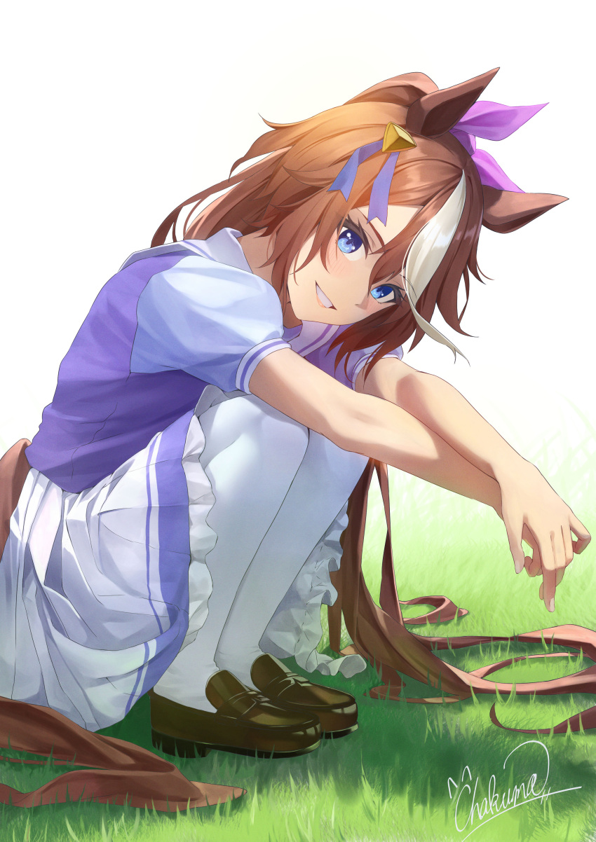 1girl absurdres animal_ears blue_eyes brown_footwear brown_hair chakuma_(yiyh1468) grass highres horse_ears horse_girl horse_tail loafers long_hair looking_at_viewer looking_to_the_side multicolored_hair open_mouth outstretched_arms own_hands_together purple_shirt school_uniform shirt shoes short_sleeves signature skirt smile solo squatting streaked_hair tail tail_through_clothes thighhighs tokai_teio_(umamusume) tracen_school_uniform umamusume white_skirt white_thighhighs