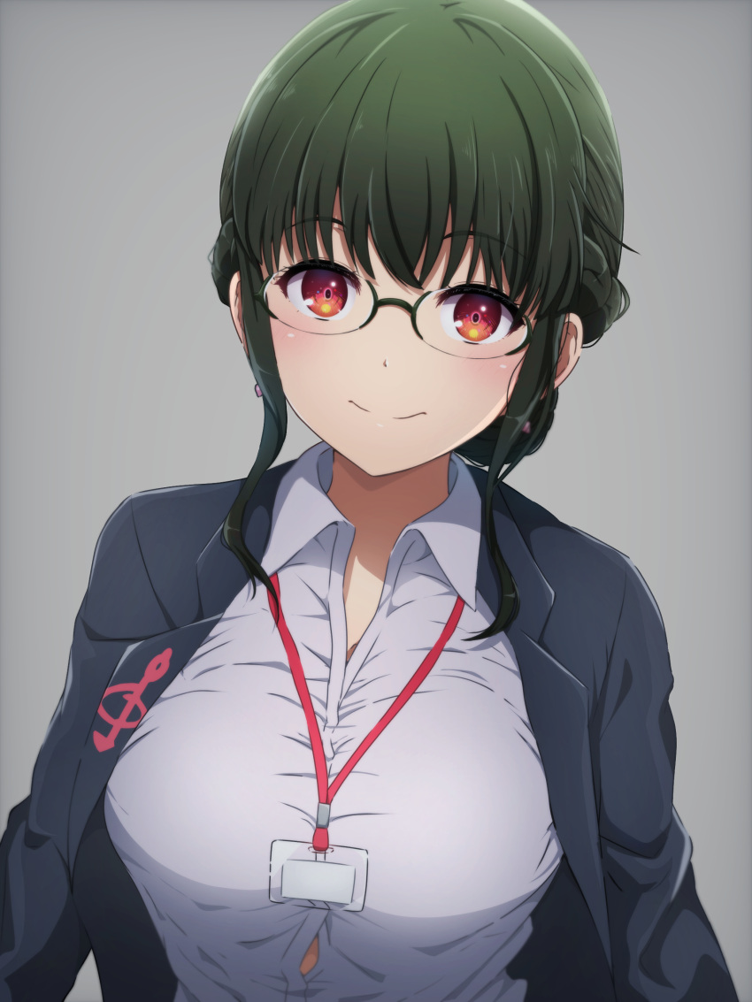 absurdres anosillus_ii black_jacket blush breasts button_gap glasses green_hair grey_background gridman_universe highres id_card jacket lanyard large_breasts long_sleeves looking_at_viewer noshimurin red_eyes shirt short_hair_with_long_locks smile ssss.dynazenon white_shirt