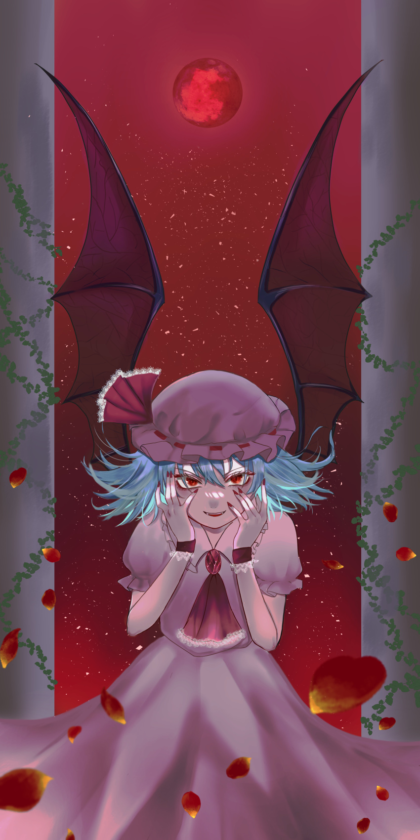 1girl absurdres ascot bat_wings blue_hair falling_petals hat highres kuru_(kurukuru_koubou) looking_at_viewer messy mob_cap moon petals pillar plant red_ascot red_eyes red_moon red_sky remilia_scarlet sky solo touhou vines wings