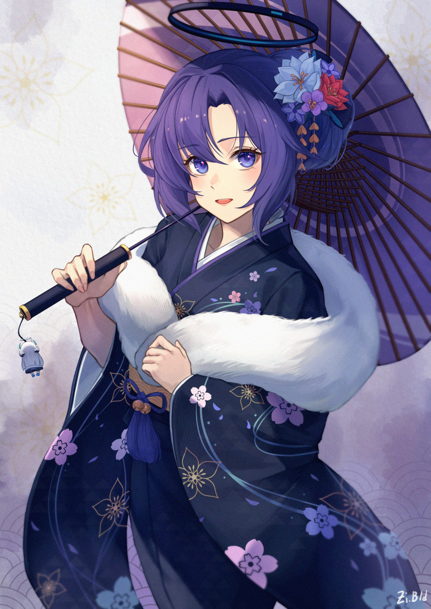1girl :d absurdres alternate_costume bld_zi blue_archive cameo character_doll collarbone commentary_request floral_print_kimono flower fur_shawl hair_flower hair_ornament halo highres holding holding_umbrella japanese_clothes kimono long_hair long_sleeves looking_at_viewer noa_(blue_archive) obi parted_bangs purple_eyes purple_hair sash shawl sidelocks simple_background smile solo two_side_up umbrella white_shawl wide_sleeves yuuka_(blue_archive)