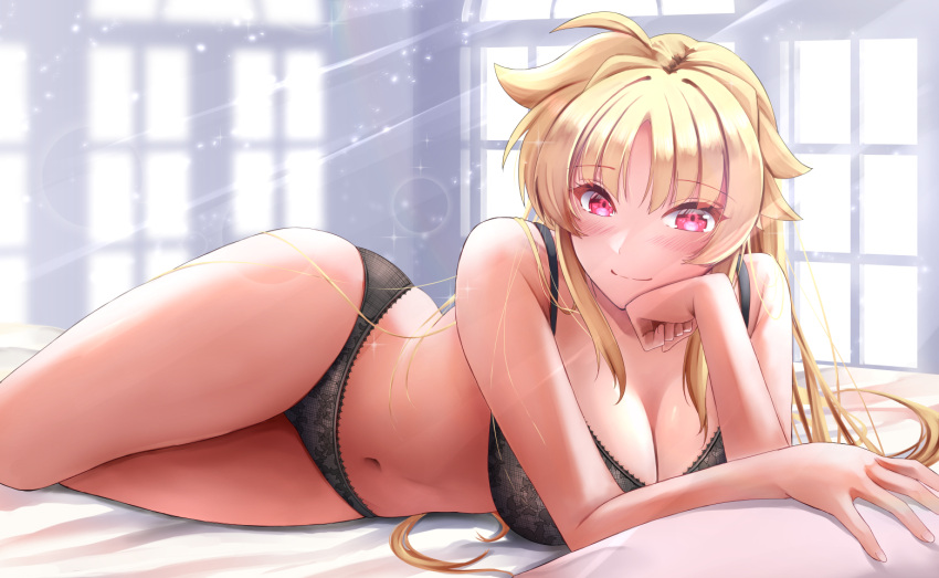 bare_shoulders black_bra black_panties blonde_hair bra breasts closed_mouth commentary fate_testarossa indoors large_breasts lingerie long_hair looking_at_viewer lying lyrical_nanoha mahou_shoujo_lyrical_nanoha navel on_bed on_side panties pillow red_eyes smile sougetsu_izuki underwear underwear_only window