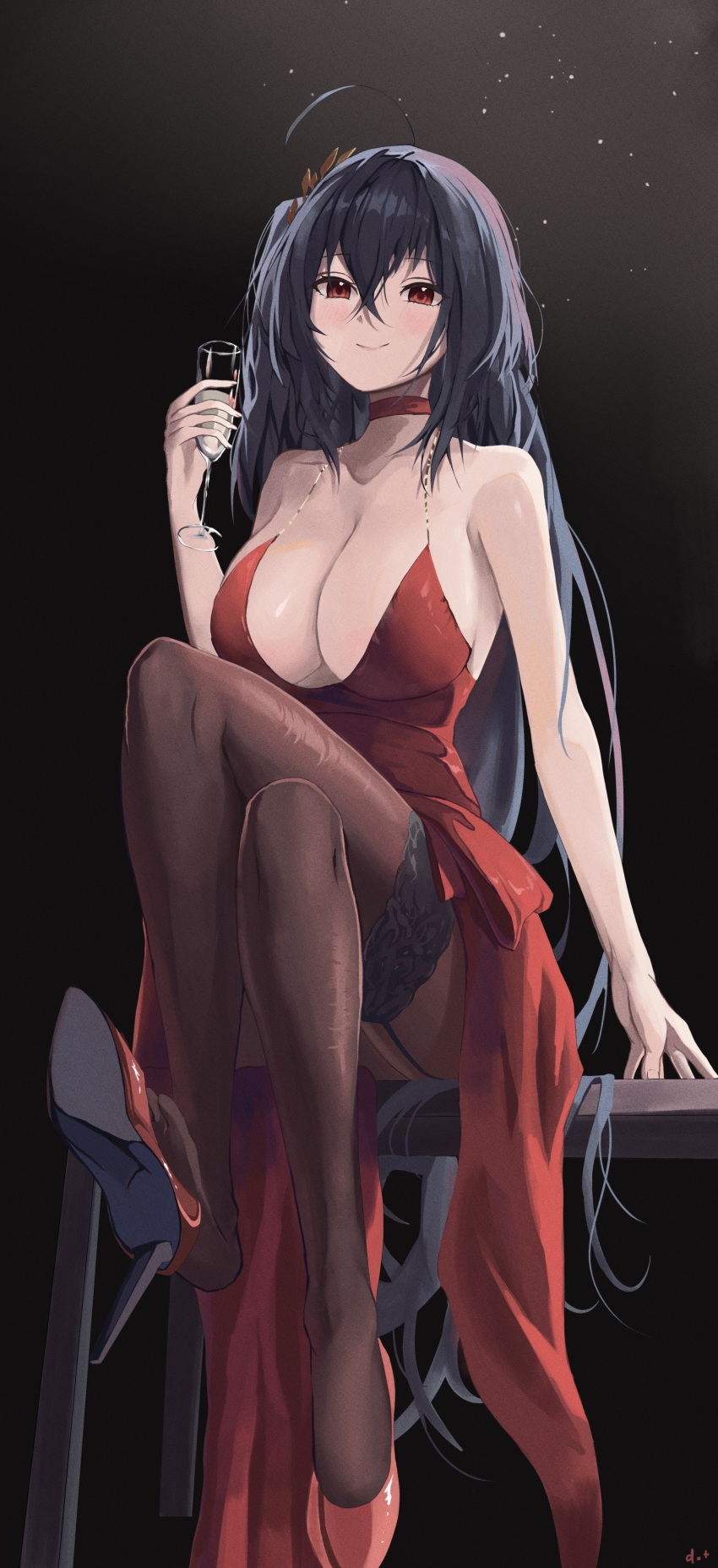 1girl absurdres ahoge alcohol azur_lane bare_shoulders black_hair breasts champagne champagne_flute choker cleavage cocktail_dress collarbone cup dotthebot dress drinking_glass evening_gown hair_between_eyes high_heels highres lace-trimmed_legwear lace_trim large_breasts long_hair looking_at_viewer official_alternate_costume plunging_neckline red_choker red_dress red_eyes solo taihou_(azur_lane) taihou_(forbidden_feast)_(azur_lane) very_long_hair
