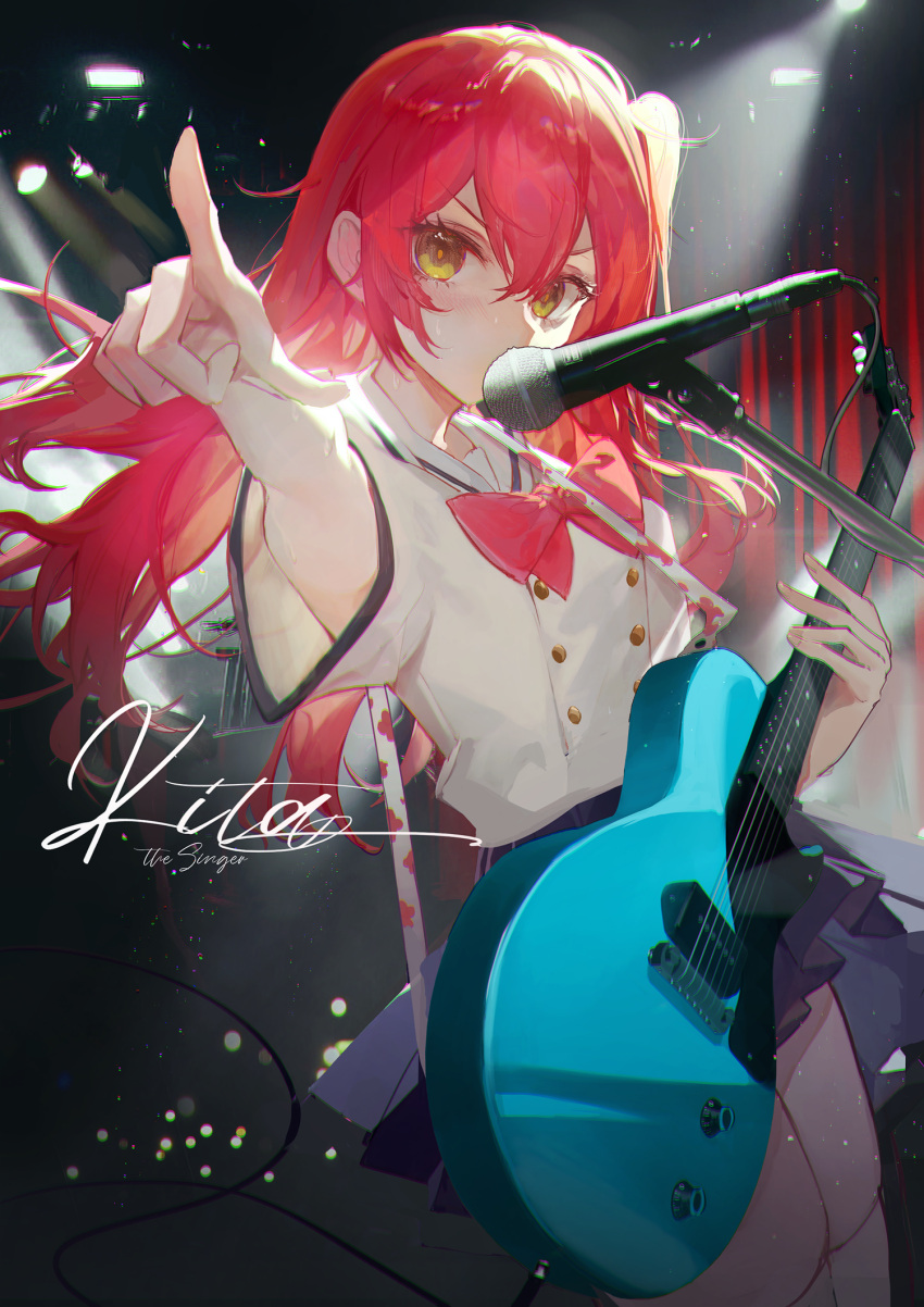 1girl amplifier blue_skirt blush bocchi_the_rock! bow bowtie buttons character_name covered_mouth cowboy_shot double-breasted dutch_angle electric_guitar from_side guitar hair_between_eyes highres holding holding_instrument index_finger_raised instrument kita_ikuyo kuroduki_(pieat) long_hair looking_at_viewer microphone microphone_stand miniskirt pleated_skirt pointing pointing_at_viewer red_bow red_bowtie red_curtains red_hair shirt short_sleeves sidelocks skirt solo stage stage_lights sweat thighhighs v-shaped_eyebrows white_shirt white_thighhighs yellow_eyes