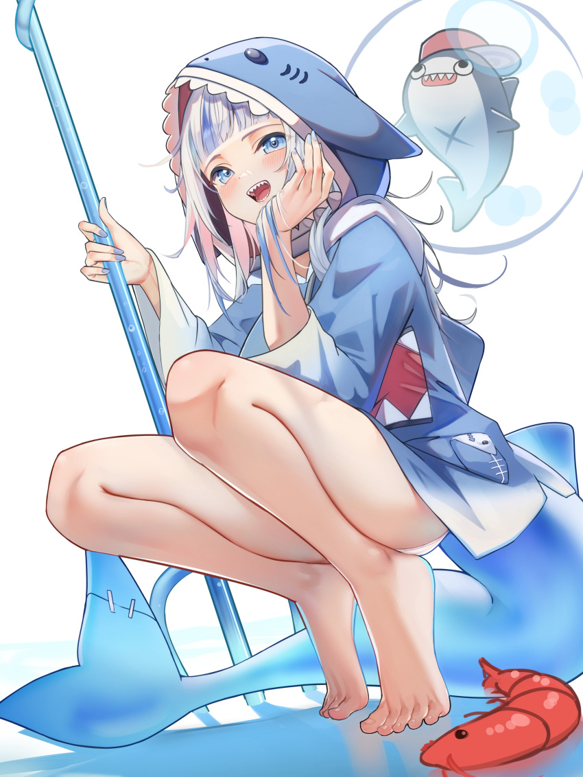 1girl :d absurdres animal_costume animal_hood barefoot bloop_(gawr_gura) blue_eyes blue_hair blue_hoodie blue_nails blush commentary ebi-chan_(gawr_gura) feet fingernails fins fish_tail gawr_gura gawr_gura_(1st_costume) hand_on_own_cheek hand_on_own_face head_rest highres holding holding_polearm holding_weapon hololive hololive_english hood hood_up hoodie legs long_sleeves looking_at_viewer multicolored_hair nail_polish no_pants open_mouth pero_(peroneko0510) polearm shark shark_costume shark_girl shark_hood shark_print shark_tail sharp_teeth shrimp simple_background smile squatting streaked_hair tail teeth toes trident virtual_youtuber weapon white_background white_hair wide_sleeves