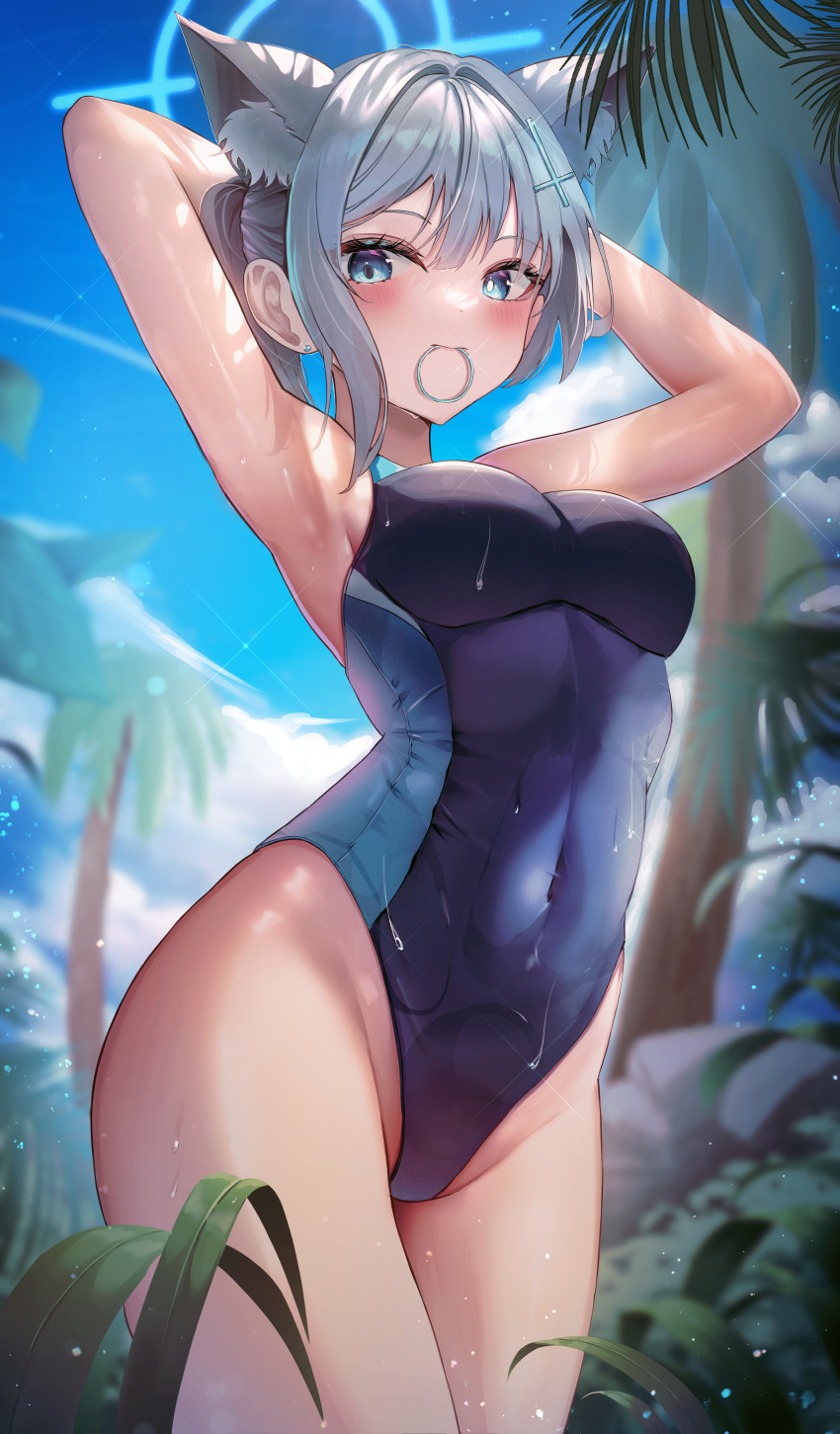 1girl absurdres animal_ear_fluff animal_ears armpits arms_behind_head arms_up blue_archive blue_eyes blue_sky blush breasts closed_mouth cloud cowboy_shot cross_hair_ornament day grey_hair hair_ornament hair_tie_in_mouth halo highleg highleg_swimsuit highres leaf li_se medium_breasts mismatched_pupils mouth_hold one-piece_swimsuit outdoors palm_tree shiroko_(blue_archive) shiroko_(swimsuit)_(blue_archive) short_ponytail sky solo swimsuit thighs tree wet wolf_ears