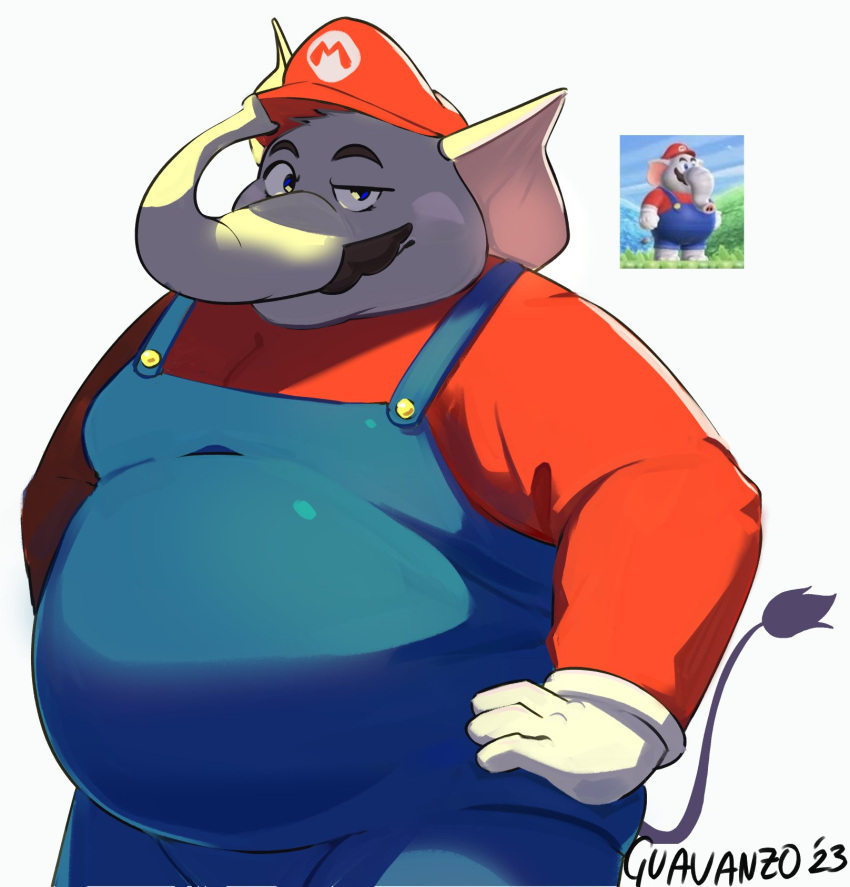 anthro belly blue_eyes clothing elephant elephant_mario elephantid facial_hair gloves guavanzo handwear hat headgear headwear hi_res looking_at_viewer male mammal mario mario_bros mustache nintendo official_art overalls overweight proboscidean proboscis_(anatomy) smile solo super_mario_wonder trunk_(anatomy)