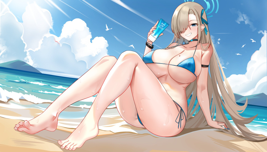 1girl absurdres alternate_costume asuna_(blue_archive) bare_shoulders barefoot beach bikini bird blue_archive blue_bikini blue_nails blue_sky breasts cloud cloudy_sky hair_over_one_eye halo highres holding large_breasts light_brown_hair long_hair mole mole_on_breast open_mouth otakueden1995 outdoors sky smile solo swept_bangs swimsuit thighs toes