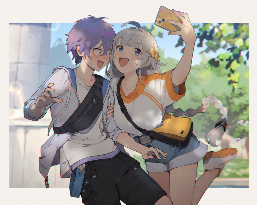 1boy 1girl ahoge alternate_costume arm_up bag between_breasts black_shorts blue_eyes blue_hoodie blunt_bangs blurry blurry_background blush bokeh border braid breast_press breasts cellphone collarbone commentary_request dappled_sunlight day denim denim_shorts depth_of_field fanny_pack floating_hair flustered grey_hair highres hood hood_down hoodie kizuna_akari large_breasts long_hair looking_at_another looking_at_phone nervous_sweating nose_blush open_clothes open_hoodie outdoors outside_border phone purple_eyes purple_hair selfie shirinda_fureiru shirt shirt_tucked_in shoes short_hair short_shorts short_sleeves shorts shoulder_bag shoulder_strap sleeves_rolled_up smartphone smile sneakers sparkle_hair_ornament standing standing_on_one_leg strap_between_breasts sunlight sweat tree very_long_hair voiceroid white_border white_shirt yuzuki_yukari's_younger_twin_brother
