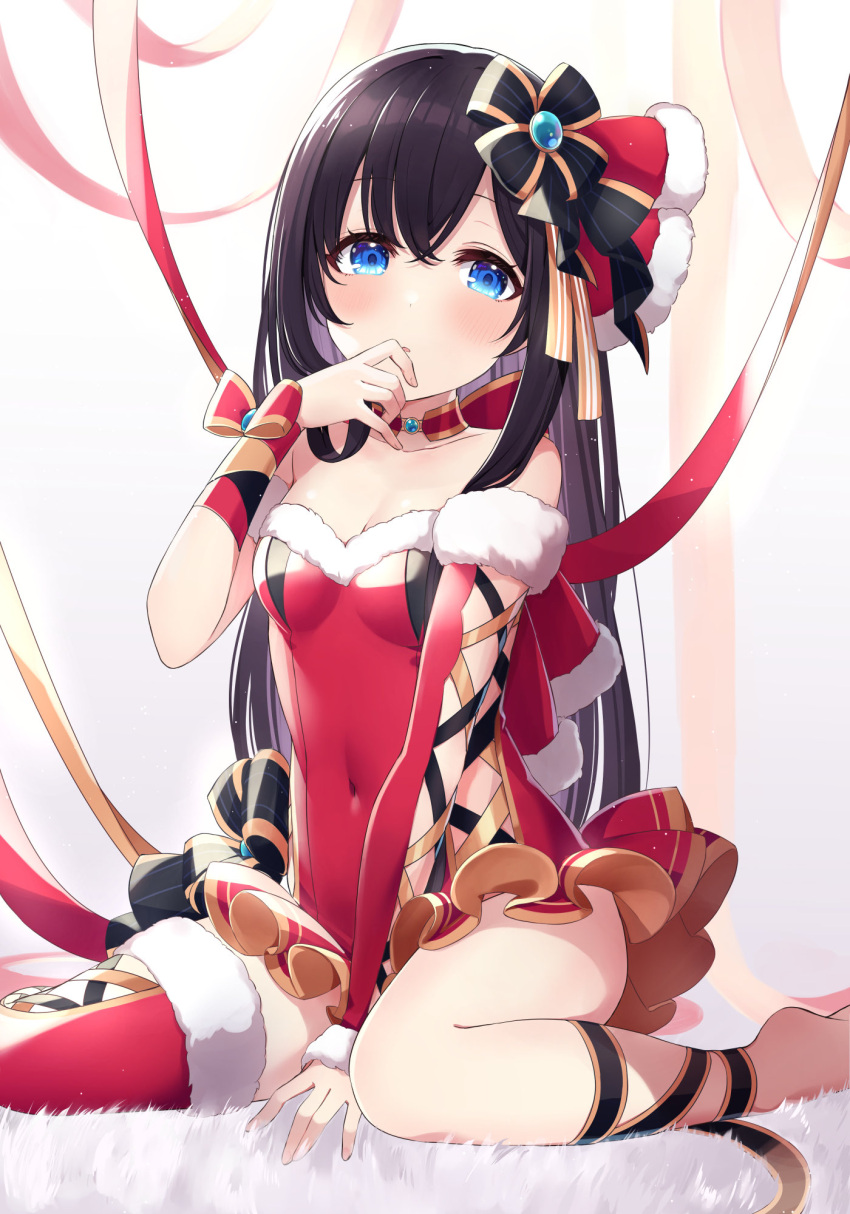 1girl ao_no_neko barefoot between_legs black_hair blue_eyes blush breasts choker christmas cleavage covered_navel criss-cross_sleeves detached_sleeves fur-trimmed_leotard fur-trimmed_thighhighs fur_trim gem hair_ribbon hand_between_legs hand_on_own_chin highres leg_ribbon long_hair looking_at_viewer original ribbon single_thighhigh sitting small_breasts solo thighhighs wariza wrist_bow
