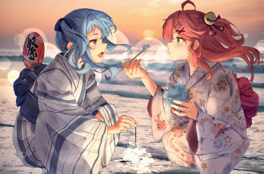 2girls beach bell blue_eyes blue_hair blurry closed_mouth depth_of_field floral_print food green_eyes hair_bell hair_ornament hair_ribbon hairpin highres holding_fireworks hololive hoshimachi_suisei japanese_clothes kimono multiple_girls ocean open_mouth pink_hair ribbon sakura_miko shaved_ice shore squatting star_(symbol) star_in_eye sunset symbol_in_eye virtual_youtuber waves white_kimono wind yuki_wei