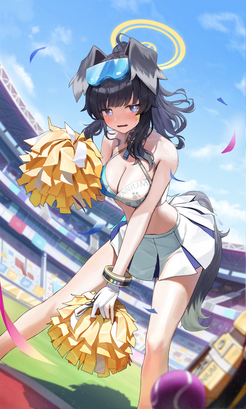 1girl absurdres animal_ears bare_shoulders black_hair blue_archive blue_sky blurry blurry_foreground blush breasts cheerleader cleavage confetti crop_top depth_of_field dog_ears dog_girl dog_tail eyewear_on_head halo hibiki_(blue_archive) hibiki_(cheerleader)_(blue_archive) highres holding holding_pom_poms large_breasts long_hair looking_at_viewer midriff miniskirt navel official_alternate_costume open_mouth pom_pom_(cheerleading) ponytail skirt sky sleeveless stadium star_sticker sticker_on_face sunglasses tail text_print thighs white_skirt yarn_(yarn_03) yellow_halo