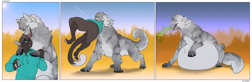 absurd_res anthro burping canid canine canis clothing cmitchell comic domestic_cat duo felid feline felis feral fur grey_body grey_fur hi_res long_tail male male/male mammal prey sweater tail topwear vore wolf