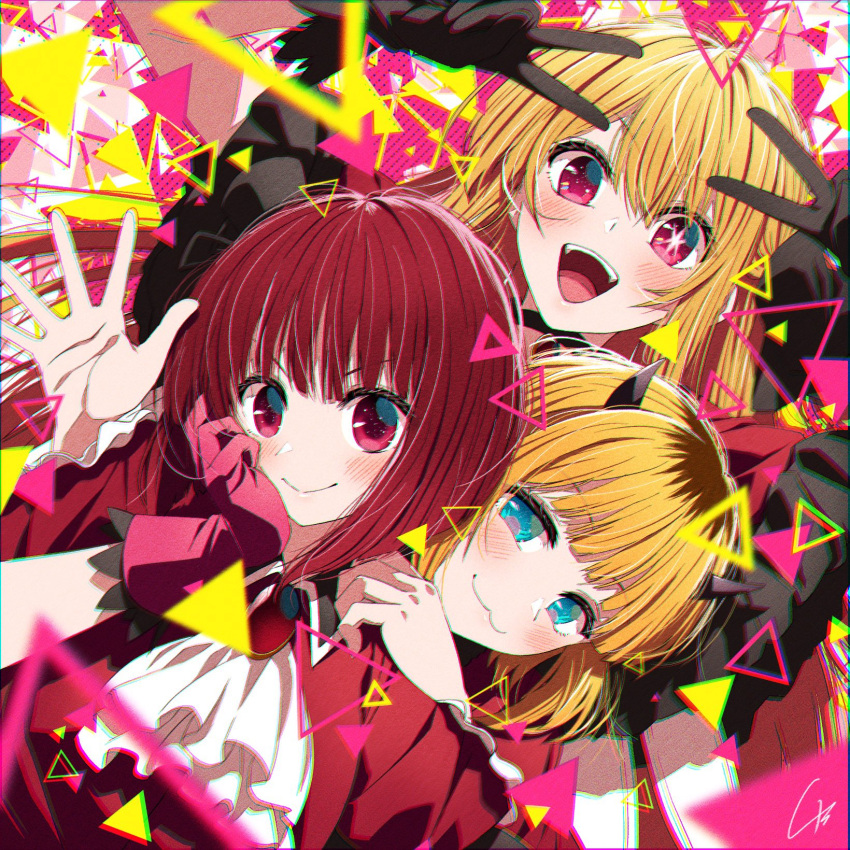 3girls 4b-enpitsu :3 arima_kana ascot black_gloves black_ribbon blonde_hair blue_eyes blush bob_cut chromatic_aberration closed_mouth demon_horns double_v film_grain gloves highres horns hoshino_ruby idol idol_clothes inverted_bob long_hair looking_at_viewer medium_hair memcho mismatched_pupils multiple_girls no_pupils one_side_up oshi_no_ko pink_eyes pink_gloves red_brooch red_eyes red_hair red_shirt ribbon roots_(hair) shirt short_hair signature star-shaped_pupils star_(symbol) symbol-shaped_pupils teeth upper_teeth_only v waving white_ascot