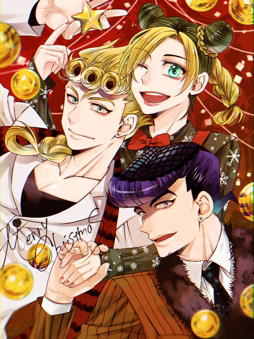 1girl alternate_costume black_hair blonde_hair blue_eyes bow bowtie christmas_ornaments cone_hair_bun diamond_wa_kudakenai double_bun formal fur-trimmed_jacket fur_trim giorno_giovanna green_eyes hair_bun higashikata_josuke highres jacket jojo_no_kimyou_na_bouken kujo_jolyne lipstick makeup merry_christmas mikan03260 multicolored_hair necktie one_eye_closed pectoral_cleavage pectorals pinstripe_jacket pinstripe_pattern purple_hair scarf star_ornament stole stone_ocean striped striped_scarf suit two-tone_hair vento_aureo