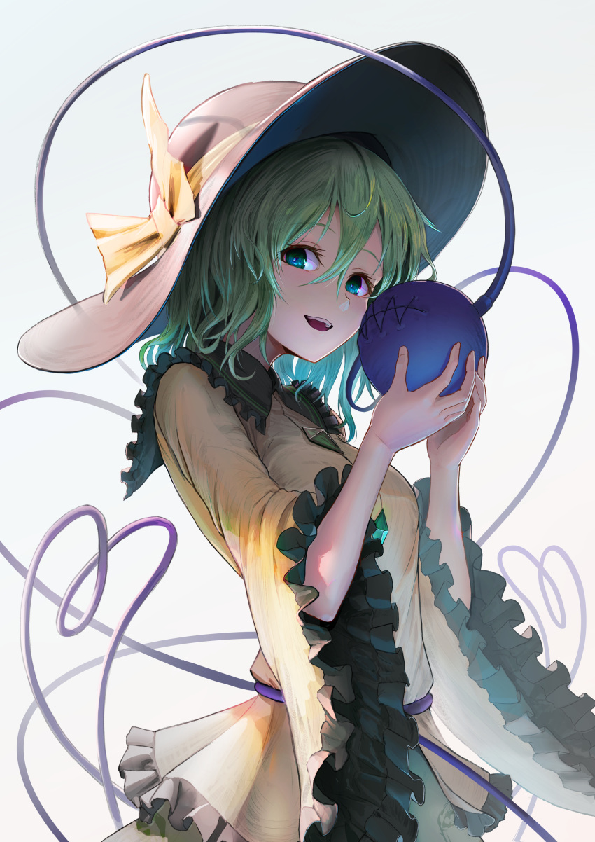 1girl :d absurdres badman6050 black_headwear blouse blush bow buttons commentary diamond_button frilled_shirt_collar frilled_sleeves frills green_eyes grey_background grey_hair hair_between_eyes hands_up hat hat_bow heart heart_of_string highres holding komeiji_koishi long_sleeves looking_at_viewer medium_hair open_mouth shirt simple_background smile solo stitches teeth third_eye touhou upper_body upper_teeth_only wide_sleeves yellow_bow yellow_shirt