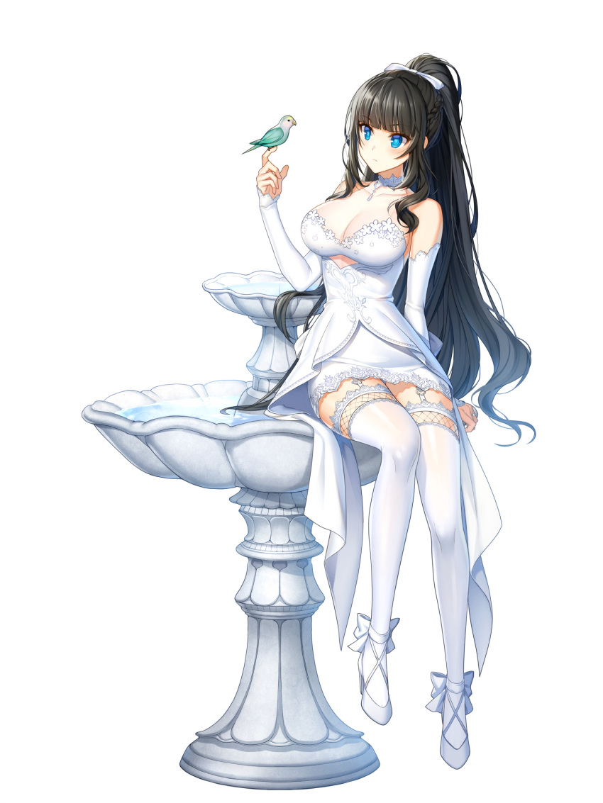 1girl :/ ankle_bow arm_support bare_shoulders bird bird_on_hand black_hair blue_eyes blunt_bangs bow braid breasts bridal_gauntlets cleavage closed_mouth closers clothing_cutout dress fountain french_braid full_body garter_straps hair_bow hand_up high_heels highres index_finger_raised lace-trimmed_dress lace-trimmed_thighhighs lace_trim large_breasts long_hair looking_at_animal official_art pencil_dress ponytail see-through_cleavage short_dress sidelocks sitting sleeveless sleeveless_dress solo tachi-e thighhighs underboob_cutout very_long_hair water wedding_dress white_background white_bow white_bridal_gauntlets white_dress white_footwear white_thighhighs yuri_seo