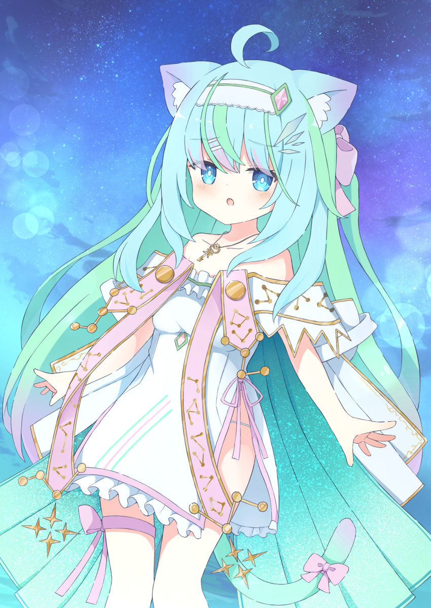 1girl :o ahoge animal_ear_fluff animal_ears bare_shoulders blue_eyes blue_hair blurry blush bokeh bow cat_ears cat_girl cat_tail collarbone commission cowboy_shot depth_of_field diamond_hair_ornament dot_nose dress frilled_dress frilled_hairband frills green_hair hair_bow hair_ornament hairband highres jewelry key_necklace knees_together_feet_apart long_hair looking_at_viewer multicolored_hair necklace night off-shoulder_dress off_shoulder open_mouth original pink_bow pink_hair pink_ribbon raised_eyebrows ribbon short_dress side_slit sidelocks skeb_commission sky solo star_(sky) starry_sky straight_hair tail tail_bow tail_ornament thigh_bow thigh_gap two_side_up tyakomes variant_set white_dress white_hairband