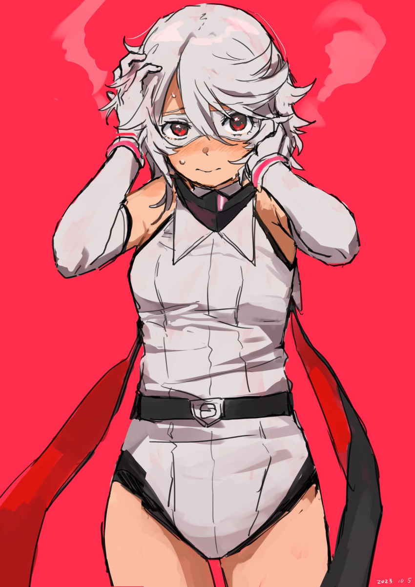 1girl bare_shoulders belt black_belt blush closed_mouth cowboy_shot dated elbow_gloves eye_mask gloves grey_gloves grey_hair grey_leotard grey_mask hands_in_own_hair highres leotard red_background short_hair shy_(character) shy_(series) solo sweat swept_bangs takatisakana white_leotard