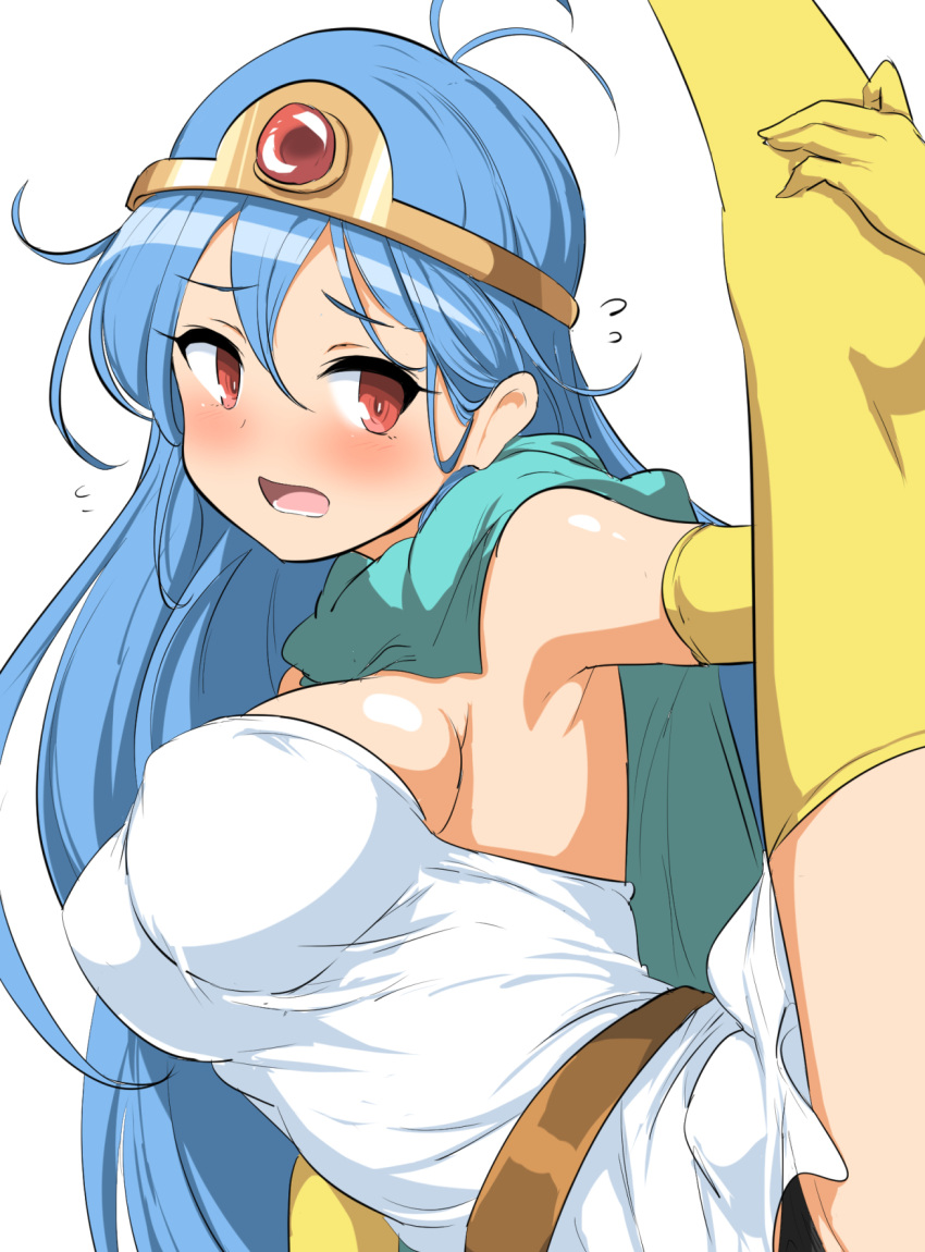 1girl black_panties blue_hair breasts dragon_quest dragon_quest_iii dress elbow_gloves flying_sweatdrops gloves highres large_breasts long_hair momio panties pantyshot red_eyes sage_(dq3) simple_background solo split spread_legs thighhighs tiara underwear white_background white_dress yellow_gloves yellow_thighhighs