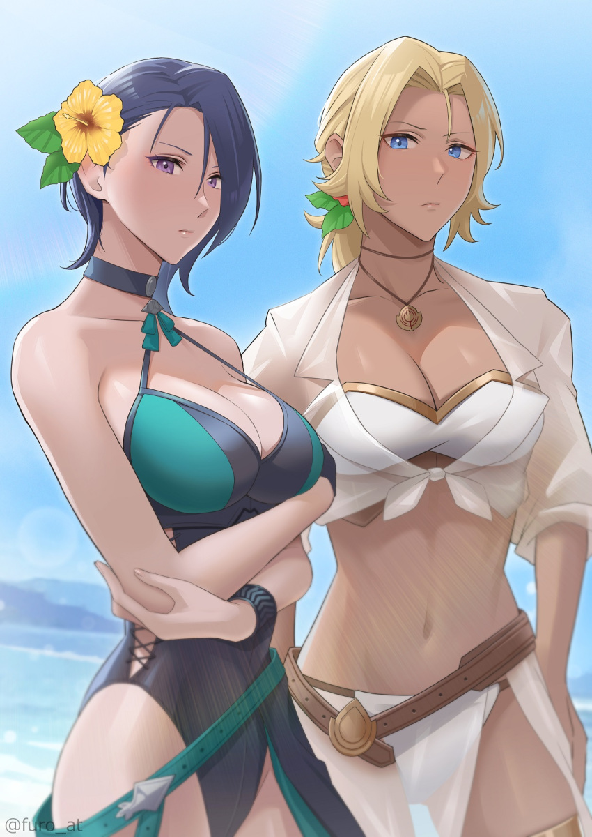 2girls bikini black_one-piece_swimsuit blonde_hair blue_eyes blue_sky breasts catherine_(fire_emblem) catherine_(summer)_(fire_emblem) cleavage closed_mouth cloud commentary_request dark-skinned_female dark_skin day fire_emblem fire_emblem:_three_houses fire_emblem_heroes flower hair_flower hair_ornament highres homomomomon jewelry medium_breasts multiple_girls navel necklace official_alternate_costume one-piece_swimsuit outdoors ponytail purple_eyes purple_hair shamir_nevrand shamir_nevrand_(summer) short_hair sky stomach swimsuit twitter_username white_bikini yellow_flower