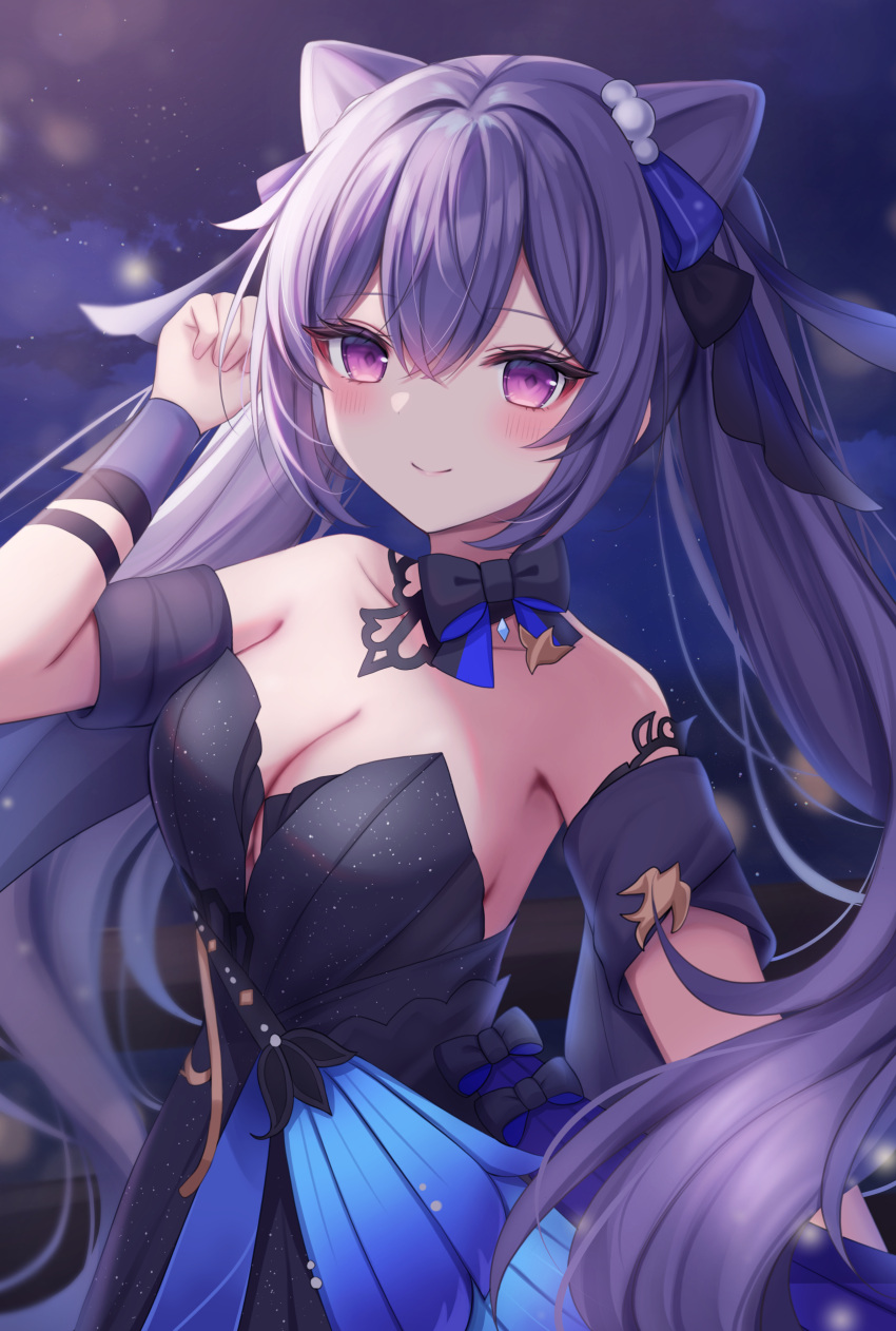 1girl absurdres bare_shoulders blue_dress blush breasts cleavage closed_mouth collarbone crossed_bangs double_bun dress genshin_impact hair_bun hair_ornament hand_up highres keqing_(genshin_impact) keqing_(opulent_splendor)_(genshin_impact) komari_mhy large_breasts long_hair looking_at_viewer official_alternate_costume outdoors purple_eyes purple_hair smile solo twintails
