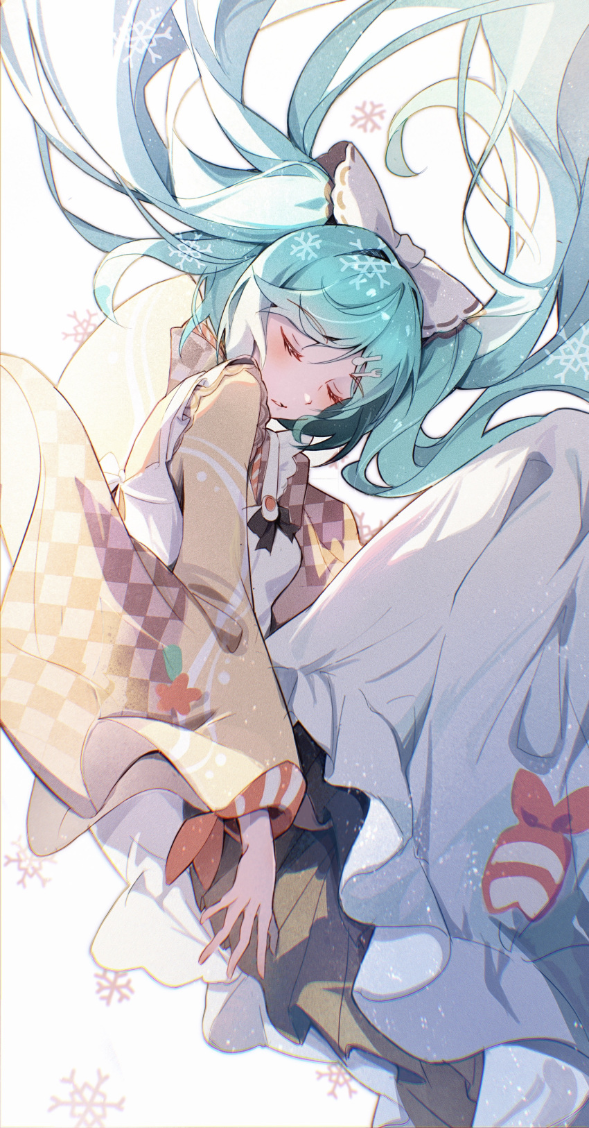 1girl absurdres apron aqua_hair argyle argyle_sleeves bow closed_eyes cloudyman commentary_request cowboy_shot fork_hair_ornament frilled_apron frills hair_bow hair_ornament hairclip hardboiled_egg hatsune_miku highres japanese_clothes kimono long_hair simple_background snowflake_print solo spoon_hair_ornament vocaloid wavy_hair white_apron white_background white_bow yellow_kimono yuki_miku yuki_miku_(2024)