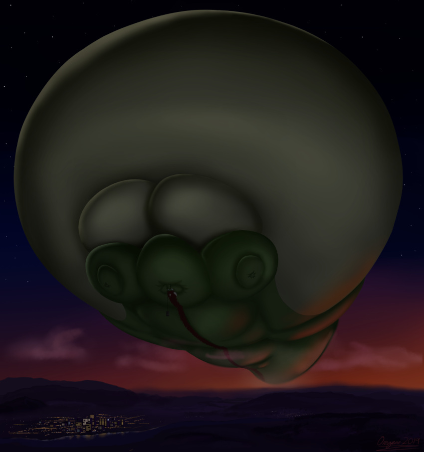 2019 anthro belly belly_expansion belly_inflation big_belly body_inflation cheek_bulge city cloud colored digital_media_(artwork) dragon expansion floating green_body hair halloween hi_res holidays horn hyper hyper_belly hyper_cheeks hyper_inflation hyper_moobs immobile inflation inflation_fetish male moobs mountain oregene oregene_(character) puffed_cheeks red_hair scalie shaded sky solo sunset tail tan_body thick_tail western_dragon