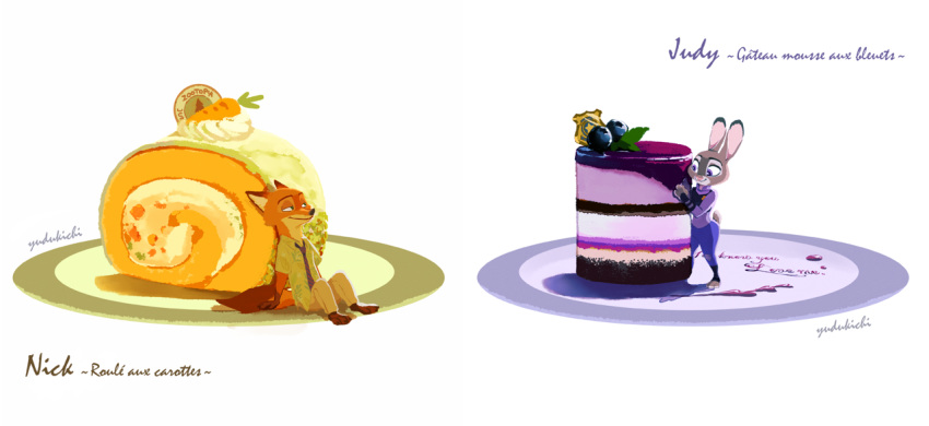 anthro blueberry_(fruit) cake carrot dessert disney duo female food fruit judy_hopps male male/female nick_wilde plant vegetable ydk1226 zootopia