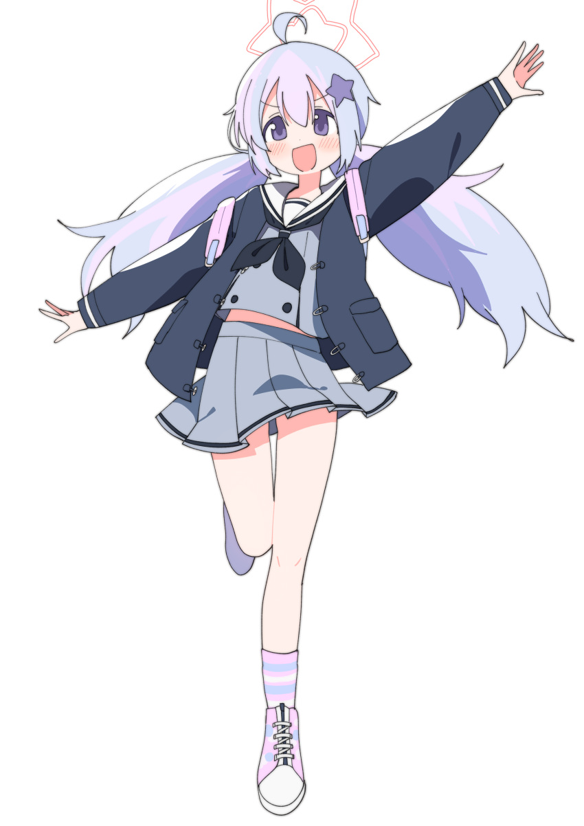 1girl absurdres ahoge backpack bag black_neckerchief blue_archive blue_eyes blush full_body grey_jacket grey_shirt grey_skirt hair_ornament halo highres jacket long_hair long_sleeves low_twintails luke_(dydansgur) midriff_peek multicolored_clothes multicolored_hair multicolored_legwear multicolored_stripes neckerchief open_mouth outstretched_arms pink_bag pink_footwear pink_hair pleated_skirt purple_eyes purple_hair reisa_(blue_archive) sailor_collar school_uniform serafuku shirt skirt socks solo spread_arms standing standing_on_one_leg star_(symbol) star_hair_ornament striped striped_socks twintails two-tone_hair white_sailor_collar