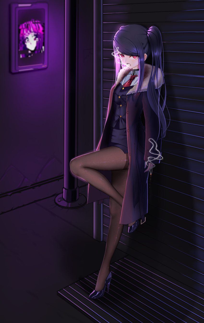 1girl absurdres black_pantyhose cigarette coat geomiddang girls'_frontline highres jacket jill_stingray long_coat long_jacket necktie pantyhose pink_eyes purple_coat purple_hair purple_jacket purple_skirt red_necktie shirt skirt smoking tobacco va-11_hall-a white_shirt